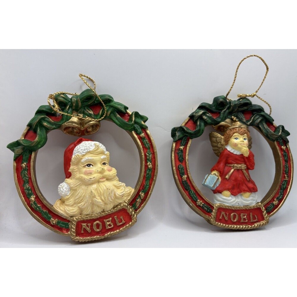 Vintage Noel Santa Angel Wreath Christmas Ornaments Resin Hanging Set of 2